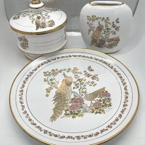 Set of 3 Hand Made in Greece Fine Ceramic Plate, Vase & Bowl w Lid - 24K gold